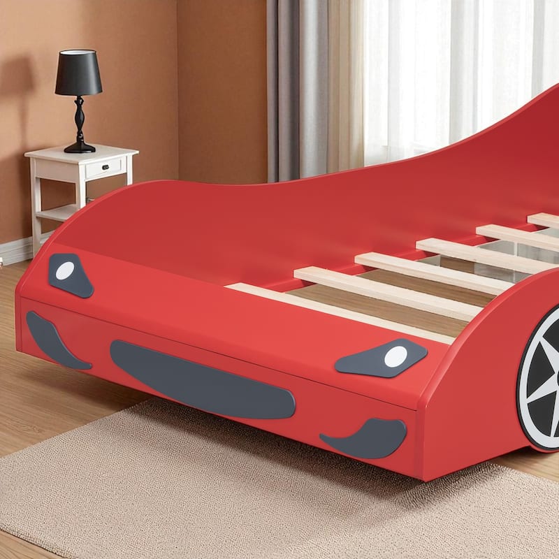 Twin Size Wood Race Car Platform Bed with LED Lights, Upholstered Backrest & Safety Rails