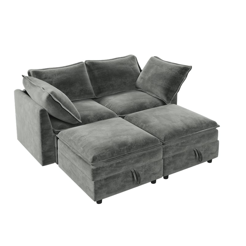 Modular Sleeper Sofa Bed with 2 Storage Ottomans and Pillows