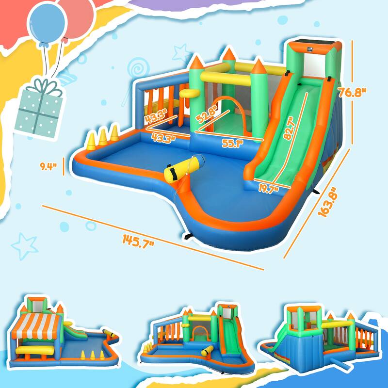 7-in-1 Inflatable Water Park with Slide, Splash Pool, Ball Pit, Trampoline, Climbing Wall & Basketball Hoop