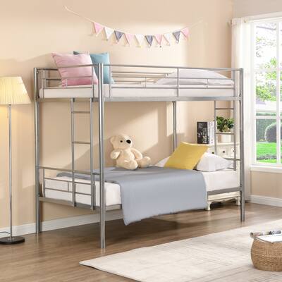 Silver Twin over Twin Size Metal Bunk Bed with Ladder and Fence for for Bedroom, Kids, Boys and Girls