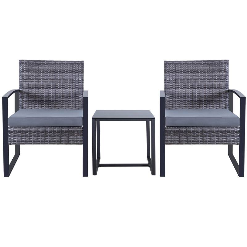 3-PC Outdoor Wicker Conversation Set w/ 2 Cushions, Glass Coffee Table