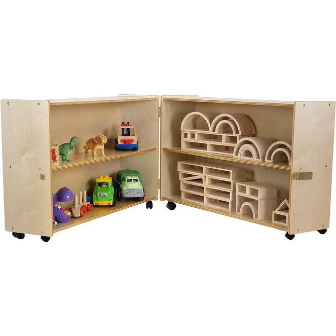 RRI Goods Montessori Wooden Folding Bookcase with Casters, Toy Organizer Storage Unit for Classroom Natural Wood Finish