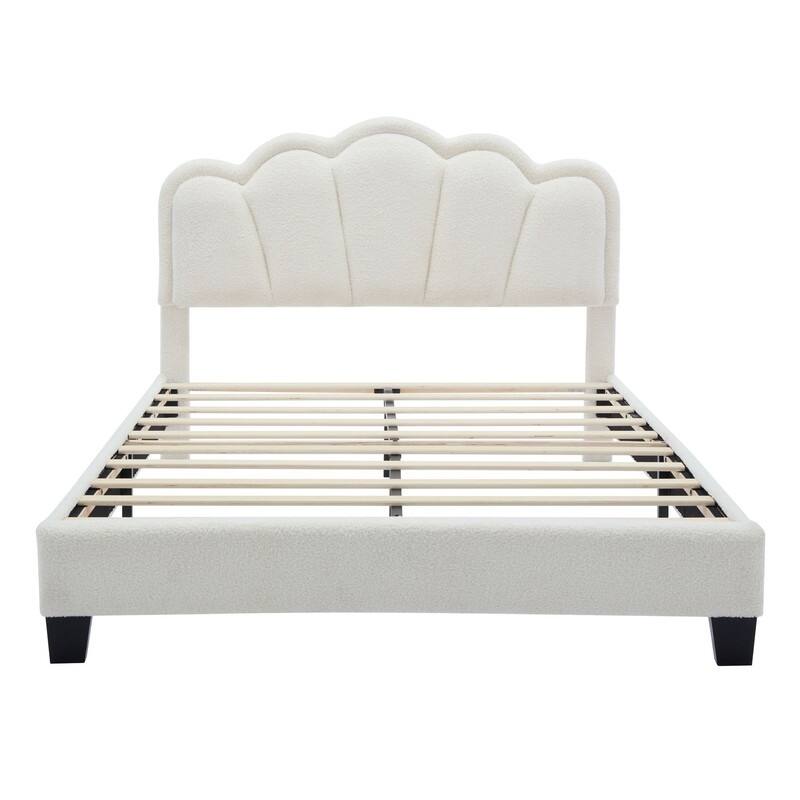 Elegant Sherpa Fabric Platform Bed with LED Light Strip and Flower-Shape Headboard