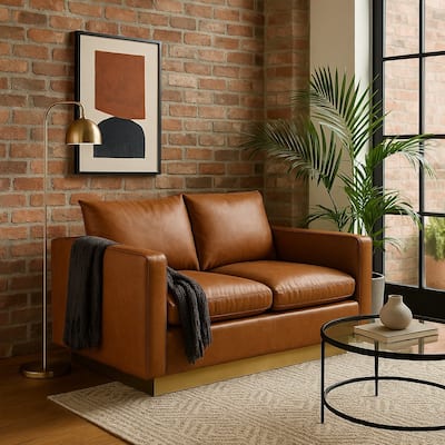 Nervo Loveseat 2-seater Modern Sofa With Leather Gold Accent Base Wooden Frame Removable Cushions for Office Lounge Living Room