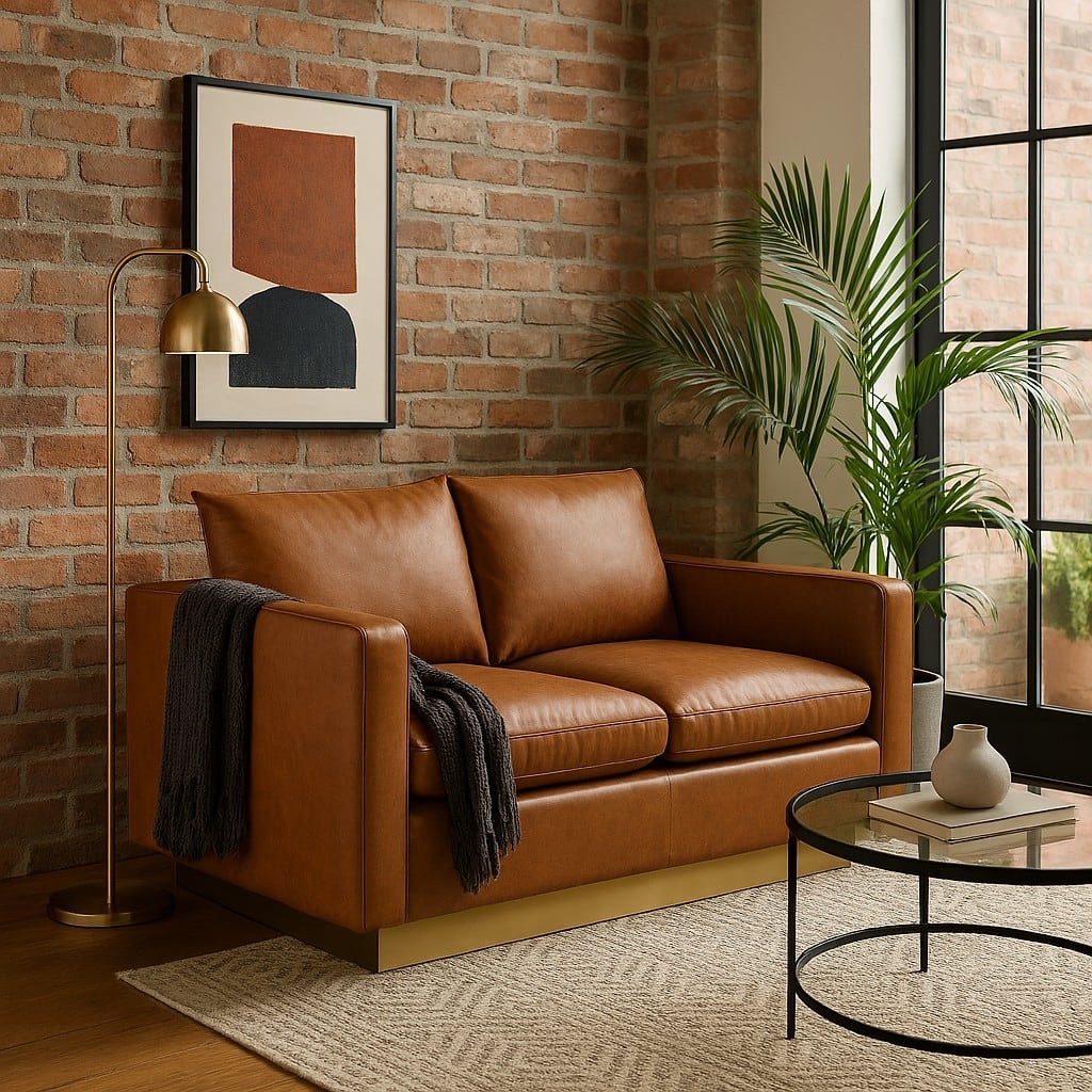 Nervo Loveseat 2-seater Modern Sofa With Leather Gold Accent Base Wooden Frame Removable Cushions for Office Lounge Living Room