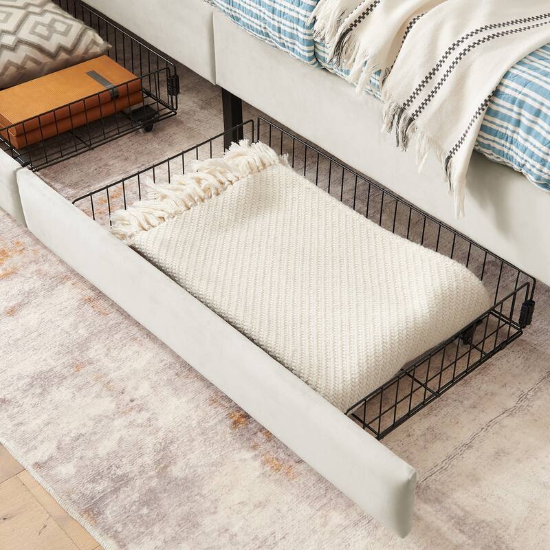 Roomfitters Twin/Full Upholstered Platform Bed with Side Backrest and Underbed Storage Trundle