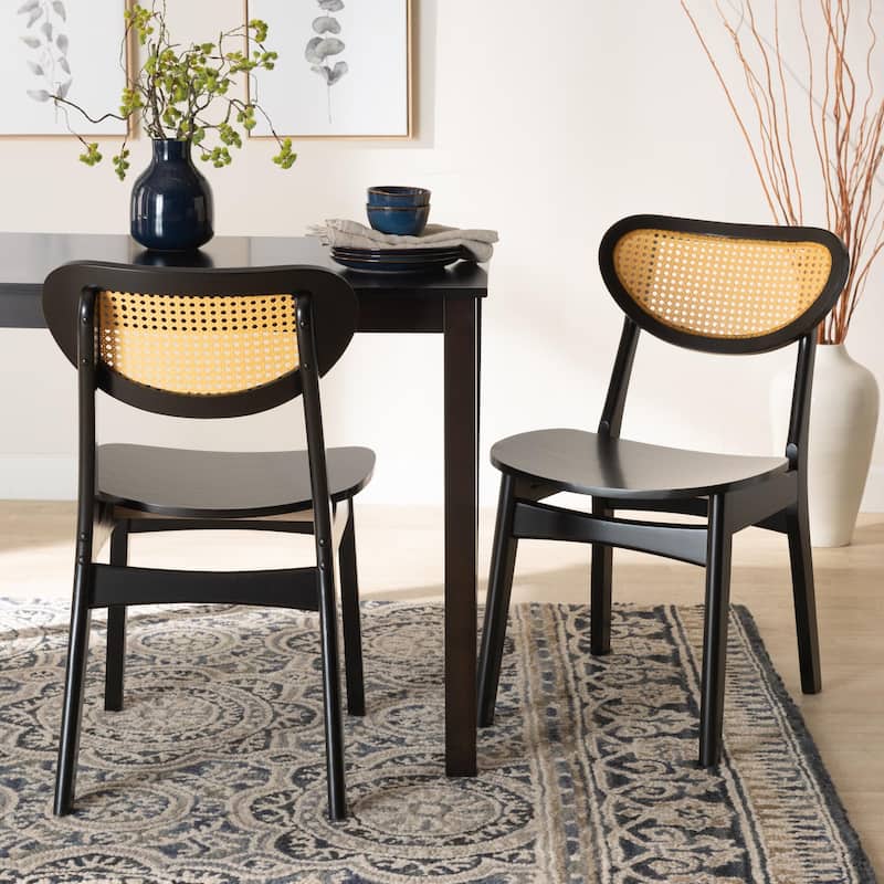 Hesper Mid-Century Modern Wood and Rattan 2-Piece Dining Chair Set