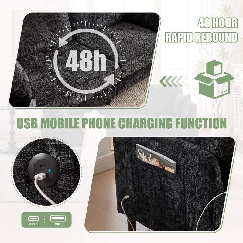 Modern Chenille 2-Seater Wood-Legged Sofa with LED light, USB Charging Port and Storage Bag