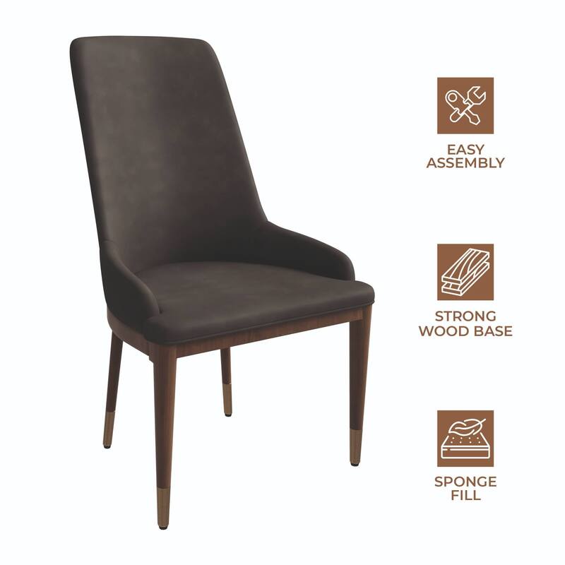 Dining Chair Upholstered in Leather with Rubberwood Frame Set of 2 Side Chair High Back and Gold Accent Legs
