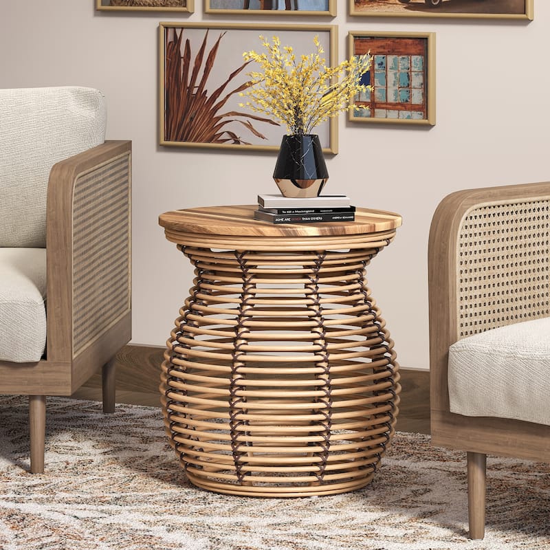 NPD Furniture Quito Rattan Side/ End Table with Wood Top