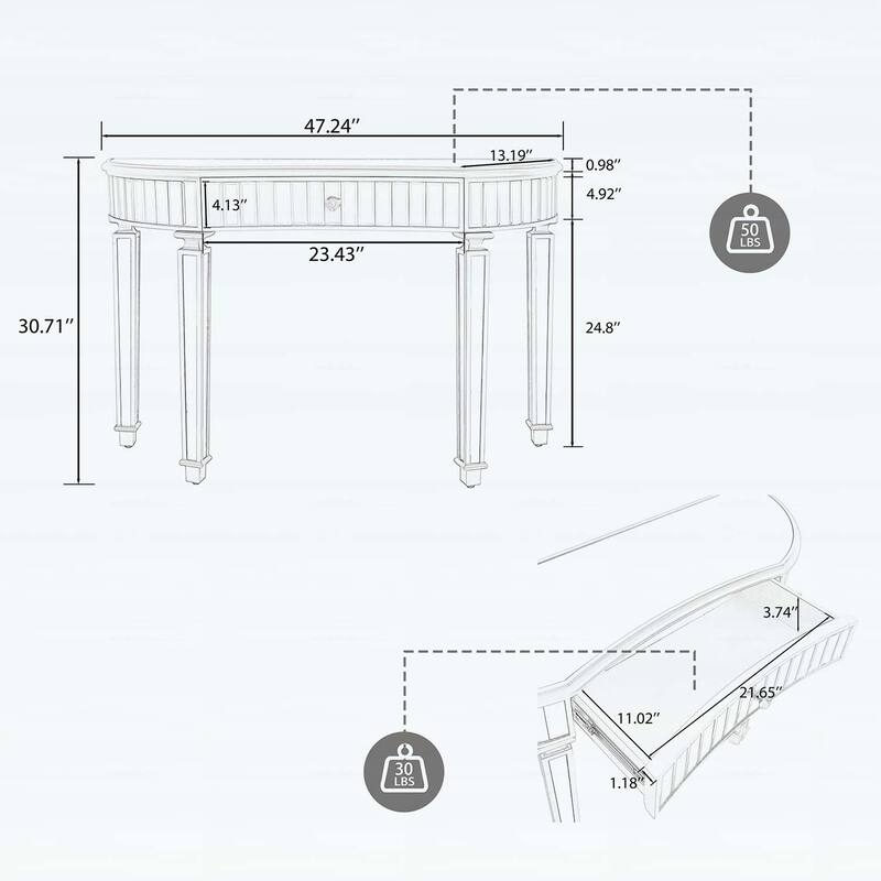Half-Moon Mirrored Console Table with Fluted Glass,Crystal Knob Drawer