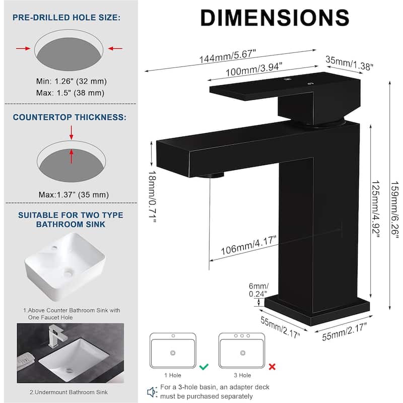 Modern Single Hole Bathroom Faucet, Solid Brass Square Sink Faucet with Pop-Up Drain and Water Supply Hoses