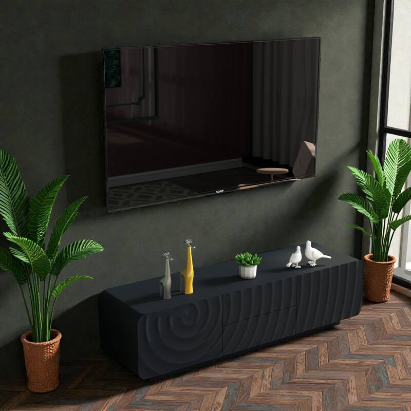 58 Inch Modern TV Stand with Spiral Wave Design, Storage Cabinet and Drawers, Media Console for Living Room