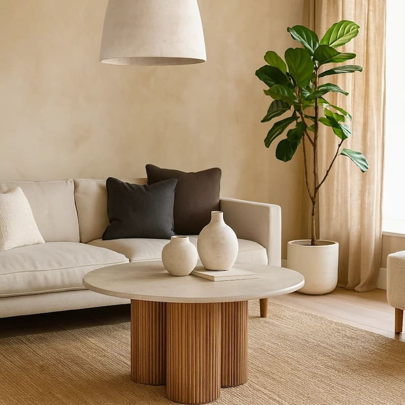 Cid Den Coffee Table, Brown Wood, Round Botticino Marble Top, 27 Inch