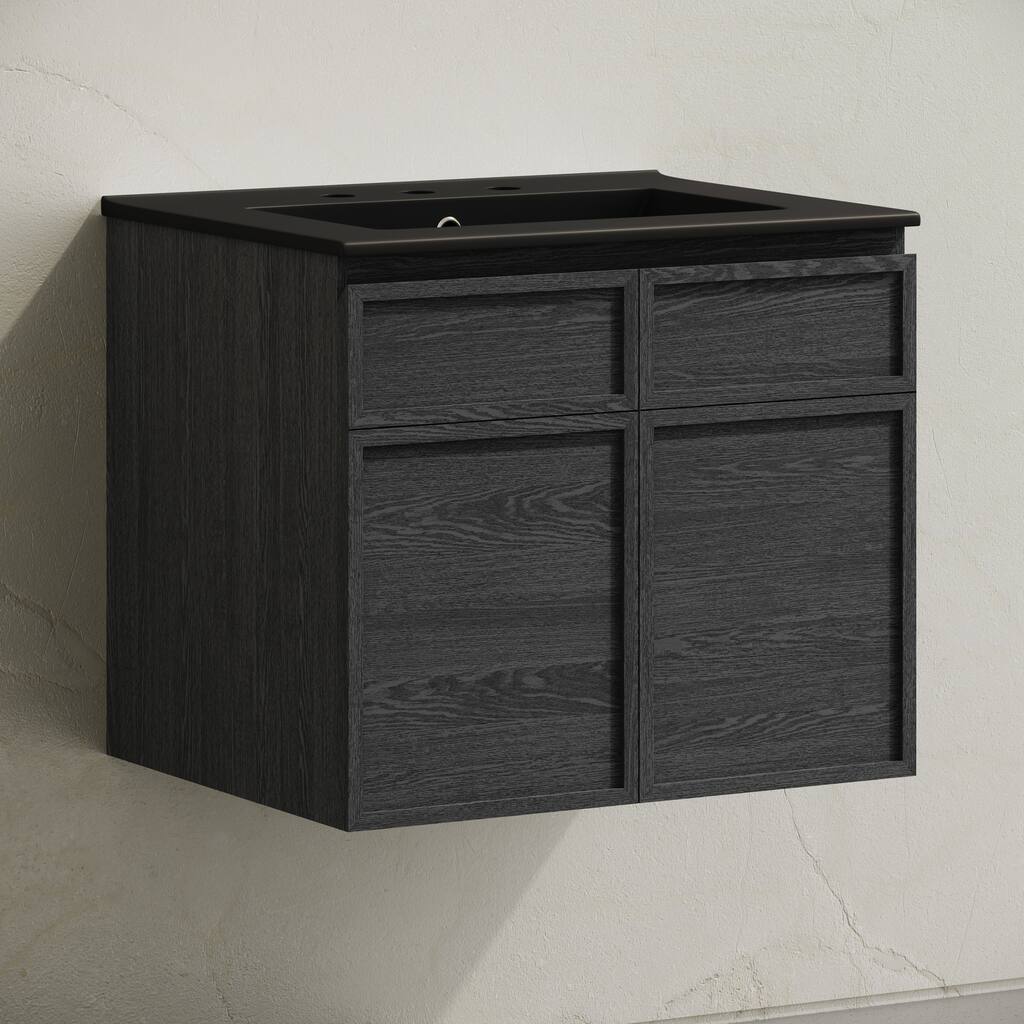 St. Tropez 24" Wall-Mounted Bathroom Vanity In Black Oak With Black 3-Hole Widespread Sink Top - 24
