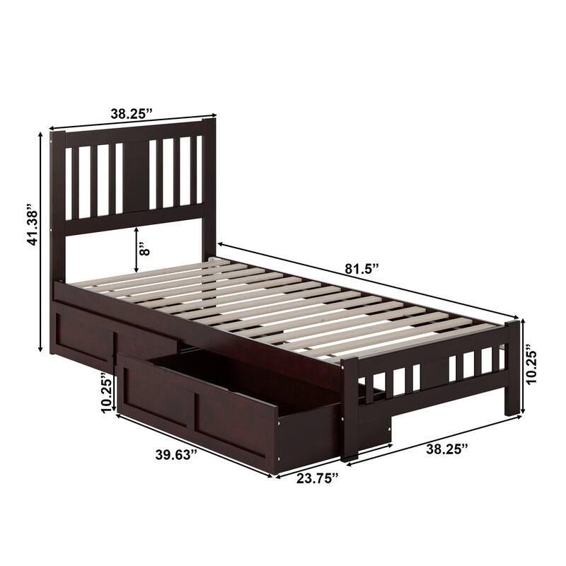 Tahoe Twin XL Platform Bed with Footboard and 2 Storage Drawers in Espresso