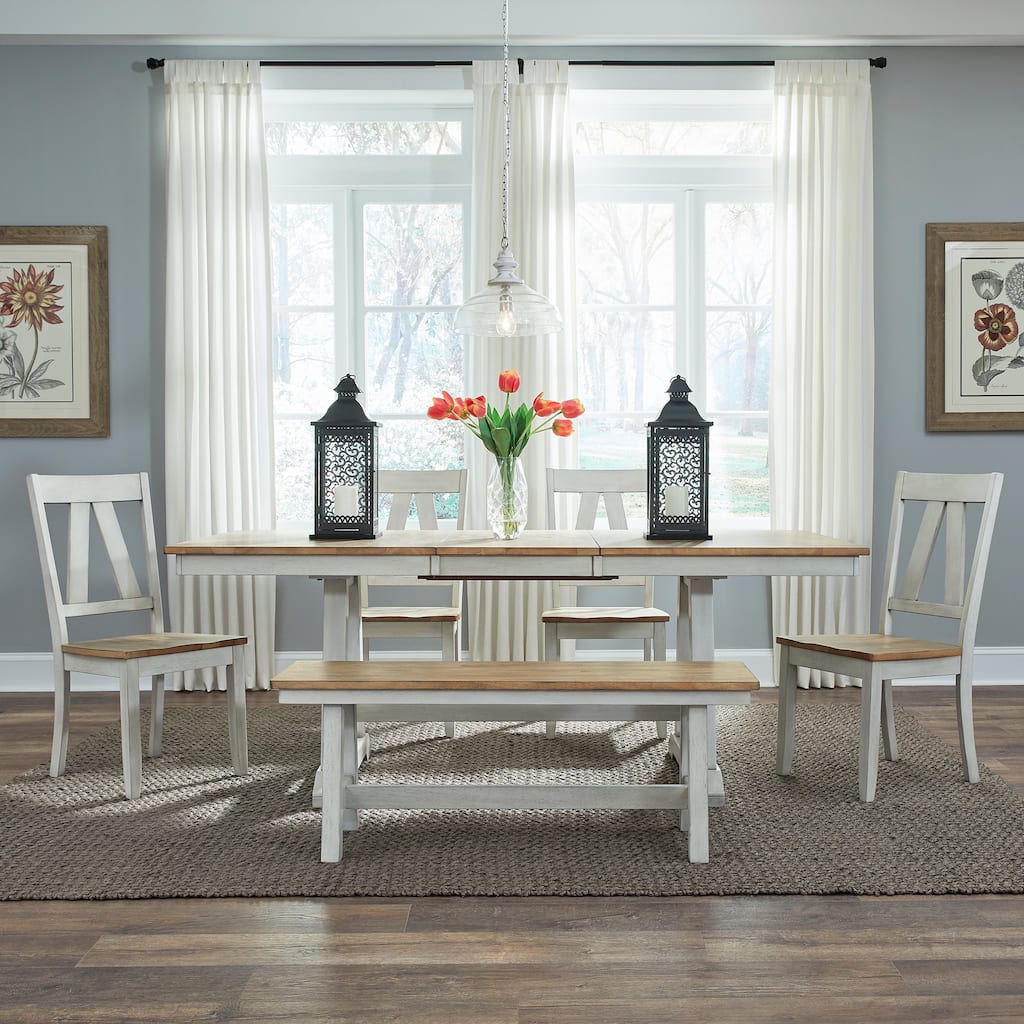 Lindsey Farm Weathered White & Sandstone 6 Piece Trestle Table Set