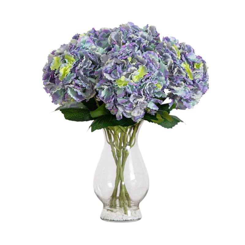 Hydrangea Artificial Floral Arrangement with Glass Vase - 20" - Blue