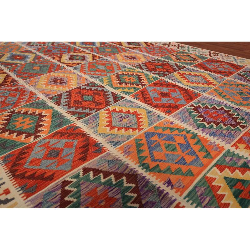 Colorful Geometric Kilim Oriental Area Rug Flatweave Wool Carpet - 8'5" x 11'9"