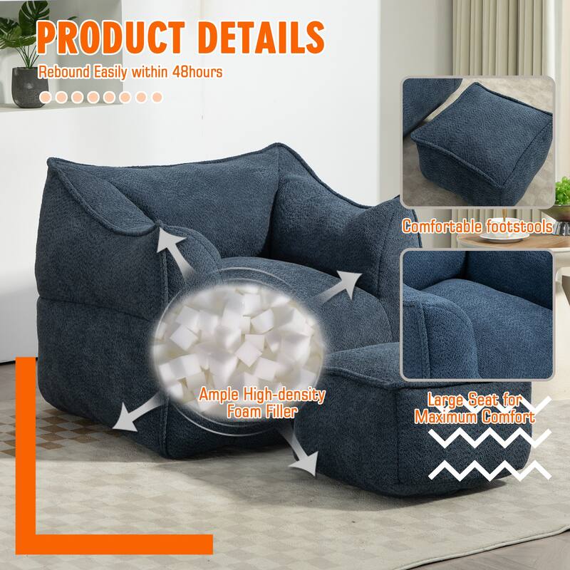 Boucle Upholstered Deep Seat Armless Square Bean Bag Chair with Ottoman