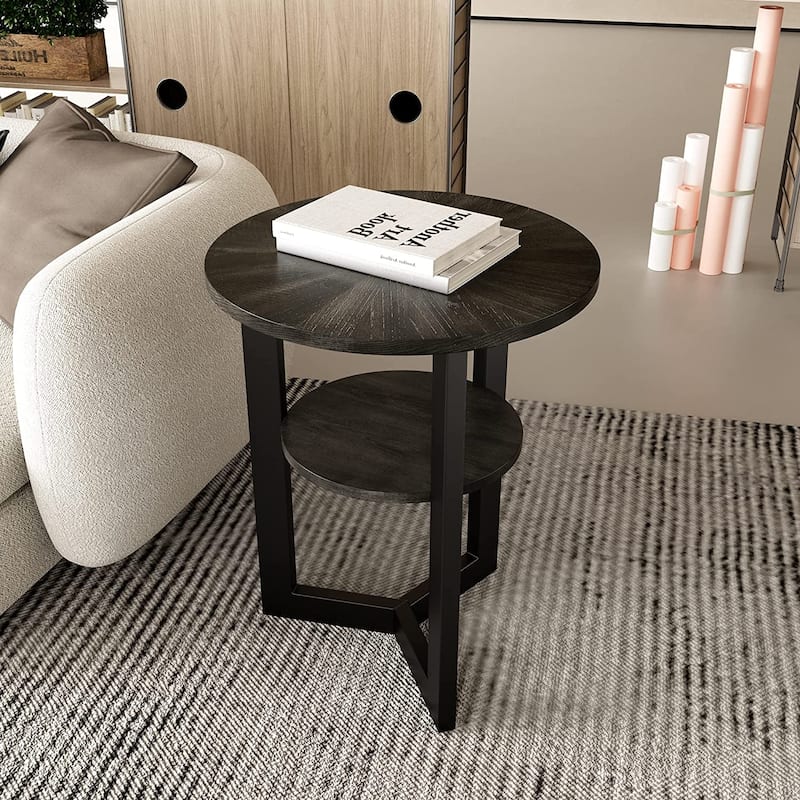End Table Solid Wood 2-Tier Circle Side Table Nightstand - 19'3" x 24"