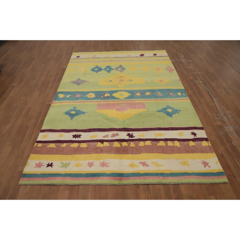 Hand Knotted Oriental 100% Wool Carpet Modern Geometric Green Gabbeh Area Rug - 9' 2'' X 5' 10''