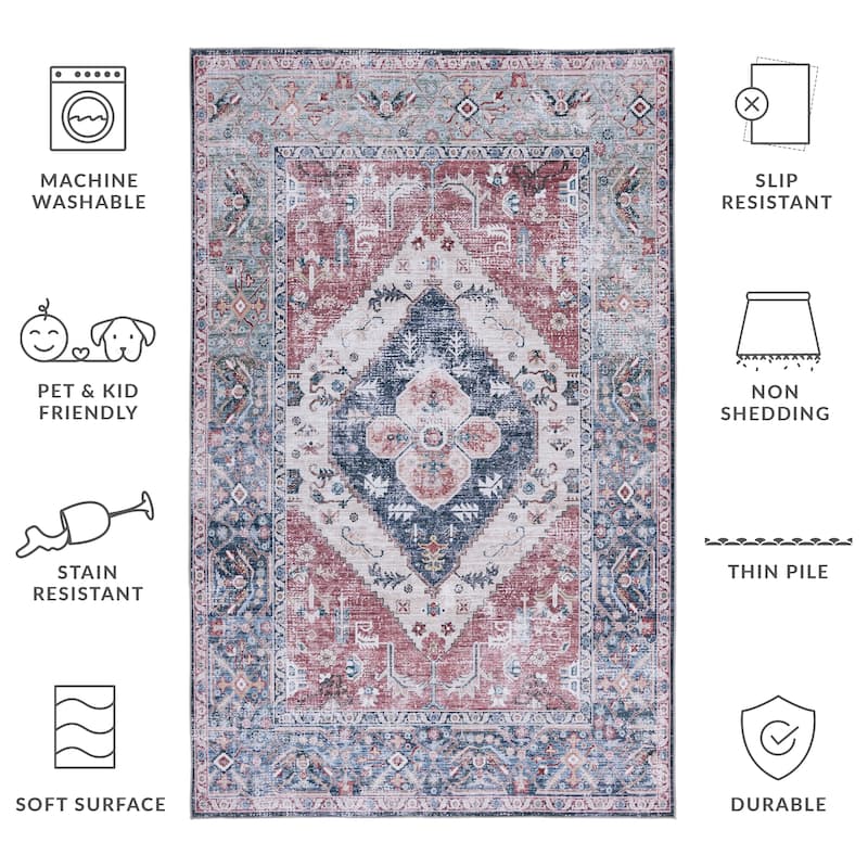 SAFAVIEH Tucson Machine Washable Slip Resistant Mettie Oriental Distressed - 3' x 5' - Rust/Navy - Rectangle