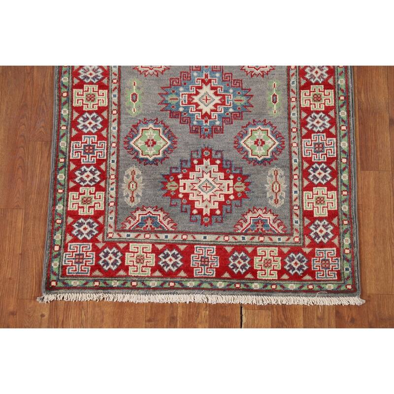 Gray Geometric Kazak Runner Rug Handmade Wool Carpet - 2'9" x 9'7"