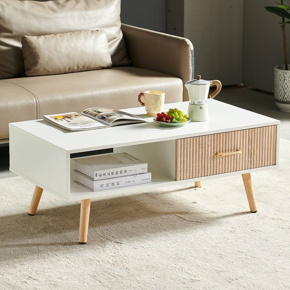 Rectangle Coffee Table with Solid Wood Legs, Sliding Drawer for Storage, Modern Table for Living Room