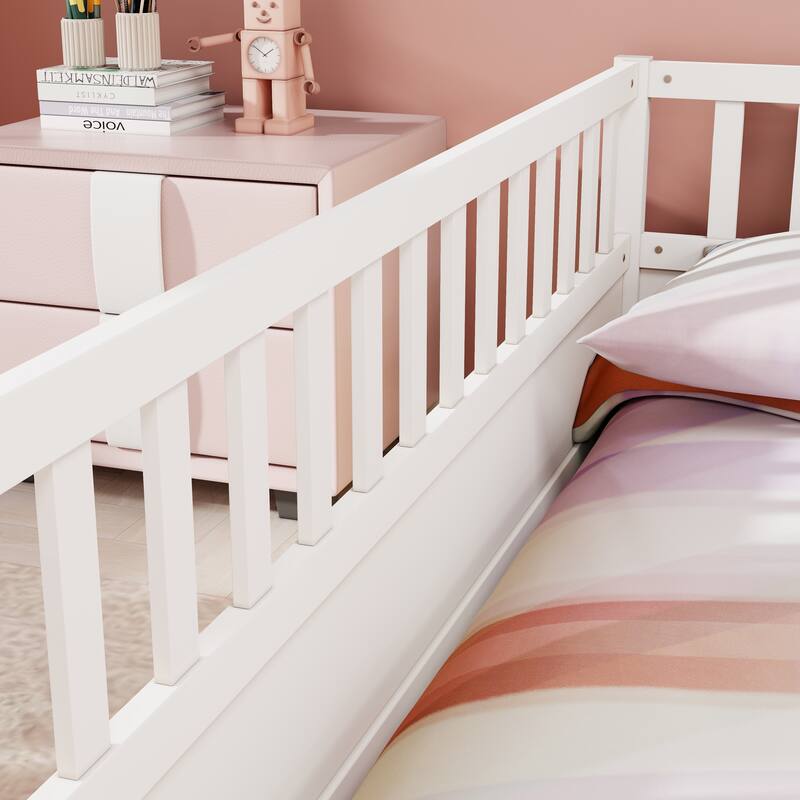 Full Size Pine Wood Floor Bed, Integral Construction with Super High Security Barrier, Door, Children's Floor Bed Frame