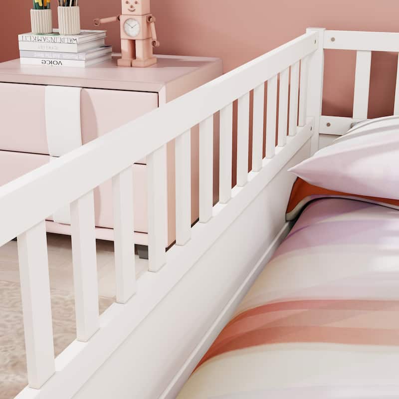 White Full Size Pine Wood Floor Bed, Integral Construction with Super High Security Barrier, Door, Children's Floor Bed Frame