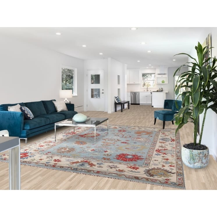 Light Blue Floral Oushak Area Rug Hand-Knotted Wool Carpet - 8'0"x 9'8"