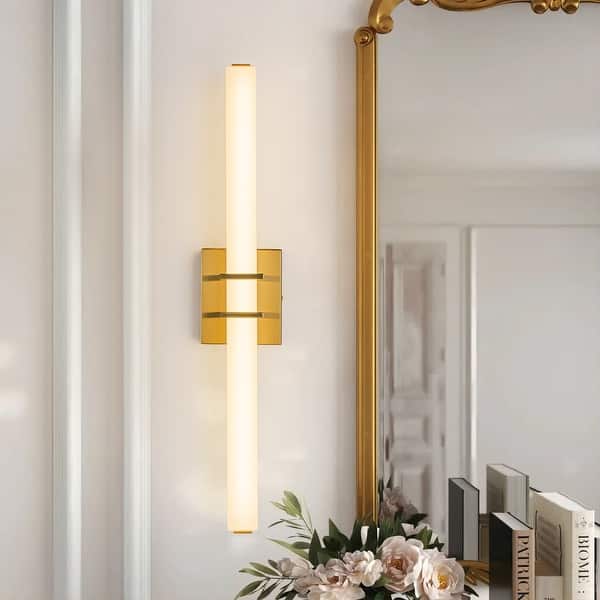 slide 2 of 28, Mid-Century Modern LED Wall Sconce Bathroom Vanity Light with 3-CCT Selectable Light Gold