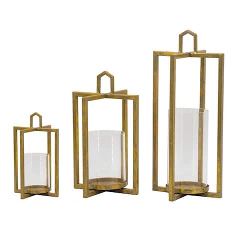 19, 15, 11 Inch Lanterns, Set of 3, Tea Light Glass Holders, Modern, Gold