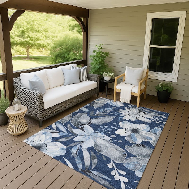 Machine Washable Indoor/ Outdoor Floral Chantille Rug - Navy - 3' x 5'
