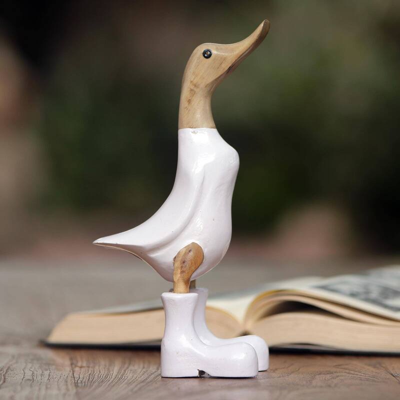 NOVICA Rain Boot Duck in White, Wood and bamboo root sculpture - 9.75" H x 3.5" W