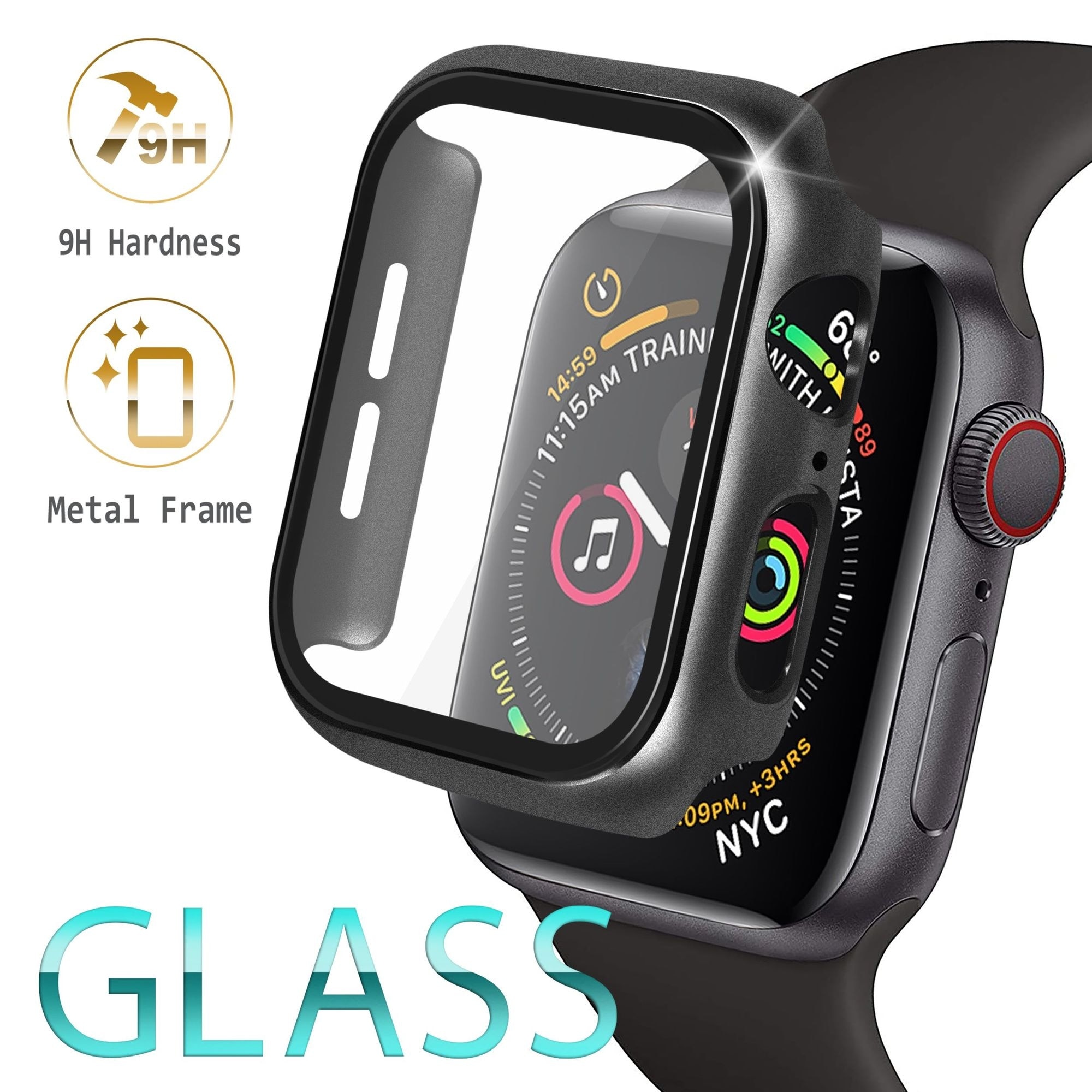 44mm Black Metal Case with Glass Protector Cover F...