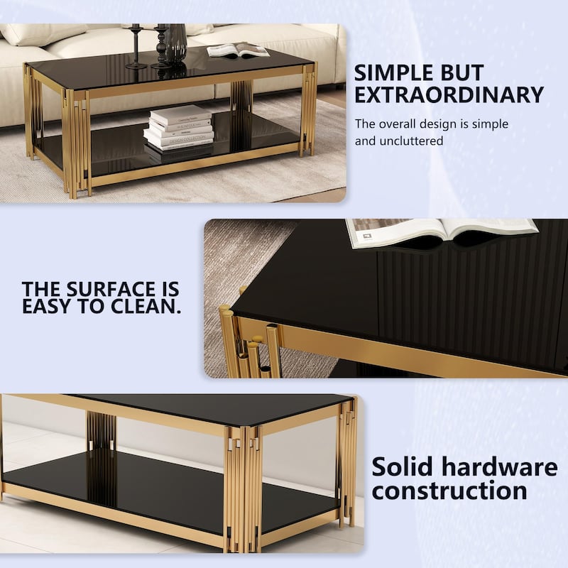 47 '' Rectangular 2 Layer Coffee Table, Modern Living Room Table with Tempered Glass Tabletop and Stainless Steel Metal Legs