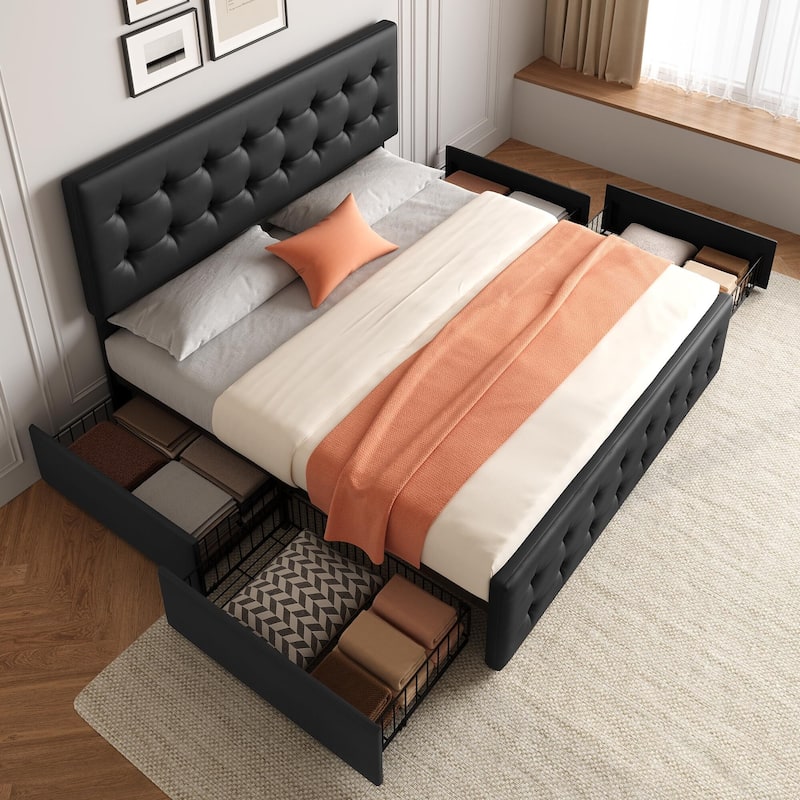 Bed Frame with 4 Storage Drawers and Headboard