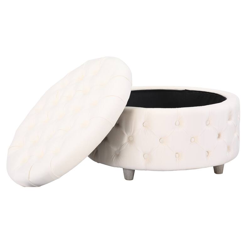 29.5" Wide Velvet Tufted Round Ottoman With Storage