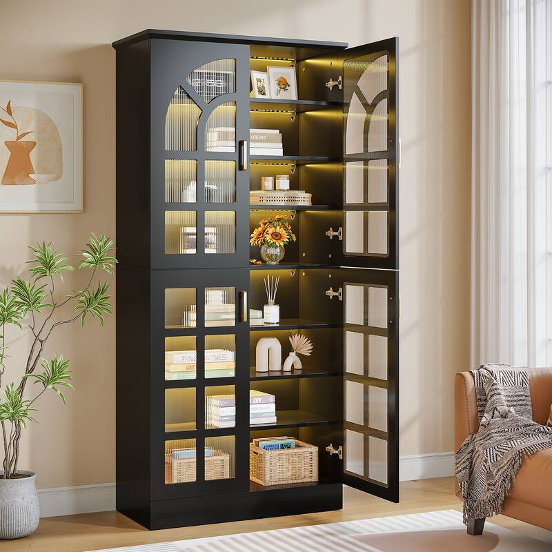 Pantry Cabinet with LED Lights, 68.9" Tall Adjustable Storage Cabinet