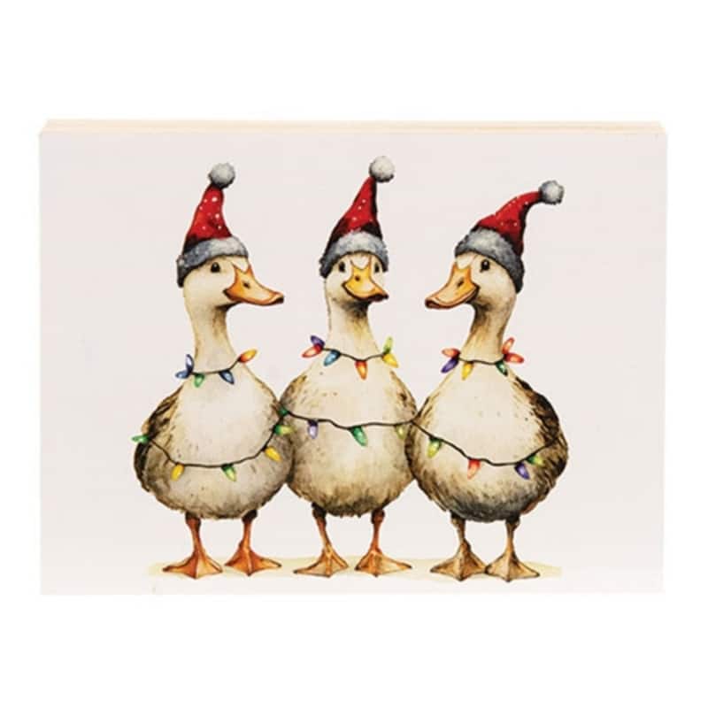 Christmas Lights Goose Trio Wooden Block Holiday Decor with Festive Geese for Mantel and Tiered Tray Displays - 6" x 4.5" - Beige