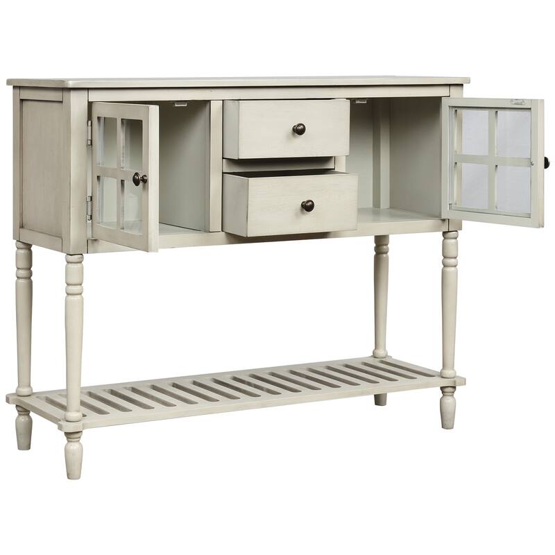 42" Console Table Sideboard Table with Drawers and Bottom Shelf, Rustic Solid Wood Buffet Storage Cabinet with Glass Doors