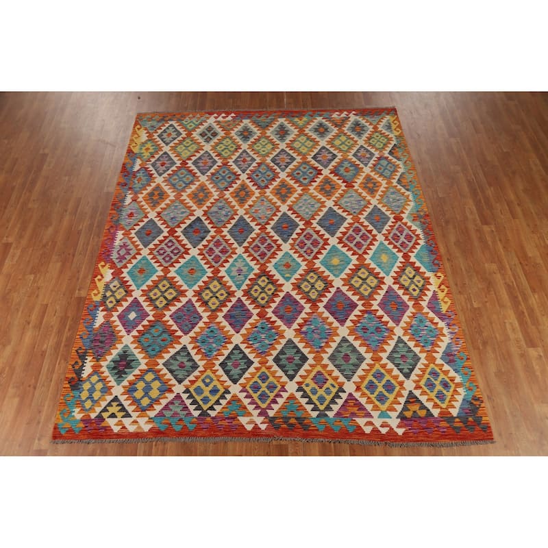 All-Over Kilim Area Rug Hand-Woven Wool Carpet - 8'0" x 9'10"