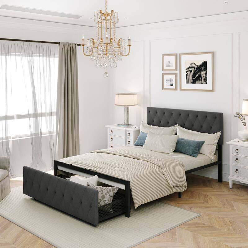 Storage Bed Metal Platform Bed with a Big Drawer