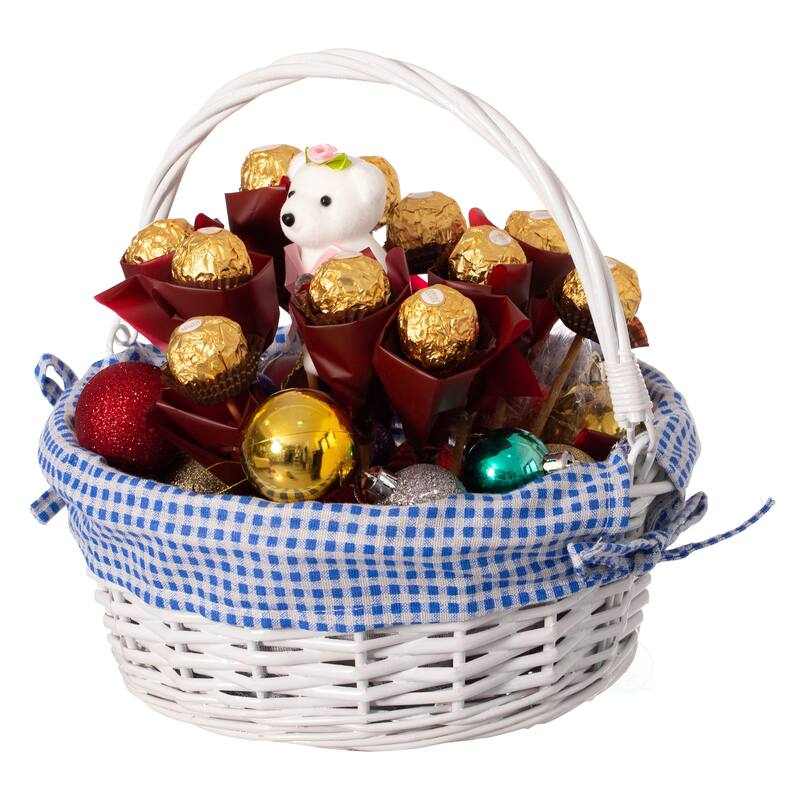 Traditional White Round Willow Gift Basket with Gingham Liner and Sturdy Foldable Handles, Food Snacks Storage Basket - Blue - Small