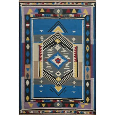 Hand Woven Oriental 100% Wool Carpet Southwestern Tribal Navy Blue & Blues Kilim Area Rug - 10' 1'' X 8' 1''