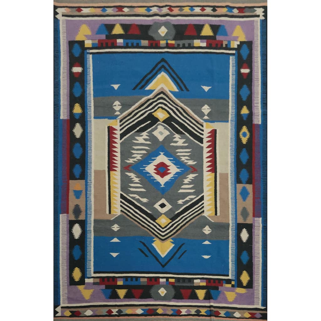 Hand Woven Oriental 100% Wool Carpet Southwestern Tribal Navy Blue & Blues Kilim Area Rug - 10' 1'' X 8' 1''