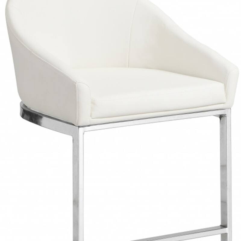 35” Tall Modern White Faux Leather Bucket Seat Bar Stool with Steel Frame and Low Back Included Footrest