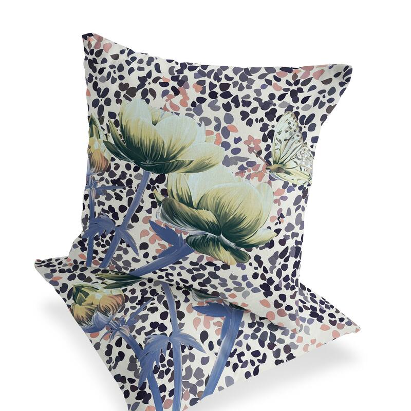HomeRoots Set of Two 16" X 16" Blue and Green Butterfly Blown Seam Floral Indoor Outdoor Throw Pillow - 16.00' X '16.00' X '5.00